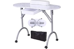 Alohappy 30“H Manicure Nail Table, Portable & Foldable Nail Desk Workstation with Large Drawer/Client Wrist Pad/Lockable Rolling Wheels/Carrying Case for Spa Beauty Salon (White with Flower)
