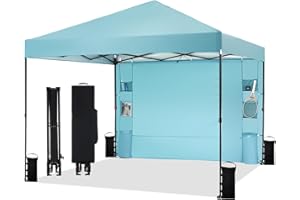 Tunbne 10'x10' Pop Up Canopy Tent with Sidewall and 6 Pockets, Patented One Push, 1 Person Easy up, Instant Shade Canopy with Vented Roof for Patio Outdoor, Case, 8 Stakes, 4 Ropes, 4 Sandbags (Cyan)