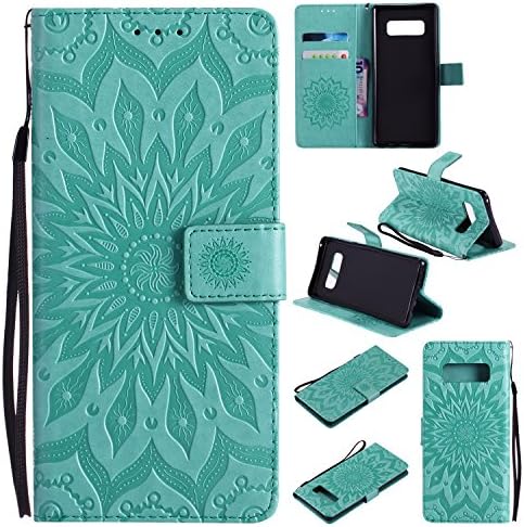 Galaxy Note 8 Case Cover,SMYTU Premium Emboss Sunflower Flip Wallet Shell PU Leather Magnetic Cover Skin with Wrist Strap Case for Samsung Galaxy Note 8(Green)