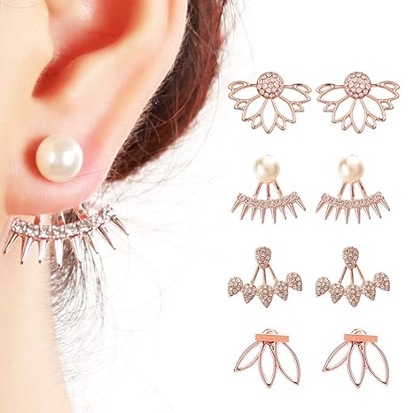 Juland 4 Paare Hohle Lotusblume Ohrringe zurück Manschetten Jacke Ohrringe Kristall einfach Chic-Ohrstecker-Set für Frauen Mä