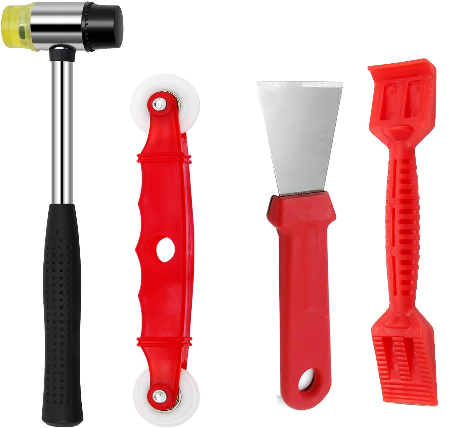 Window Glazing Tool Kit - 4 pcs Heavy Duty Glazing Tools: Ruber Hammer, Shovel Paddle for Glazing/Deglazing, Red Window Roller,&Steel Scraper for Windows, Doors
