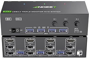 KVM Switch 3 Monitors 3 Computers 8K@60Hz 4K@144Hz, ANGEET HDMI and Displayport Triple Monitor KVM Switch, 3 Monitors KVM wit