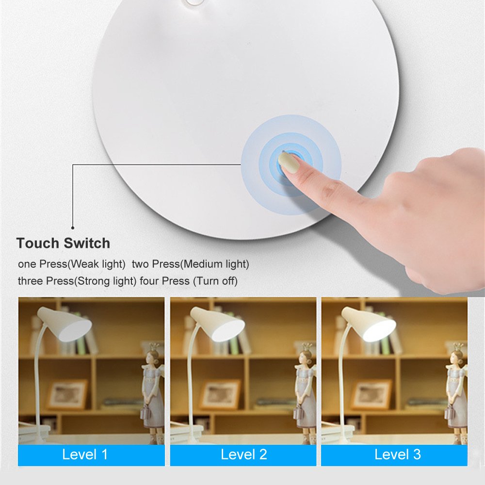 LED Desk Lamp, Flexible Gooseneck Table Lamp, Dimmable Office Reading Lamp with USB Charging Port, Rechargeable, 3 Brightness Levels, White