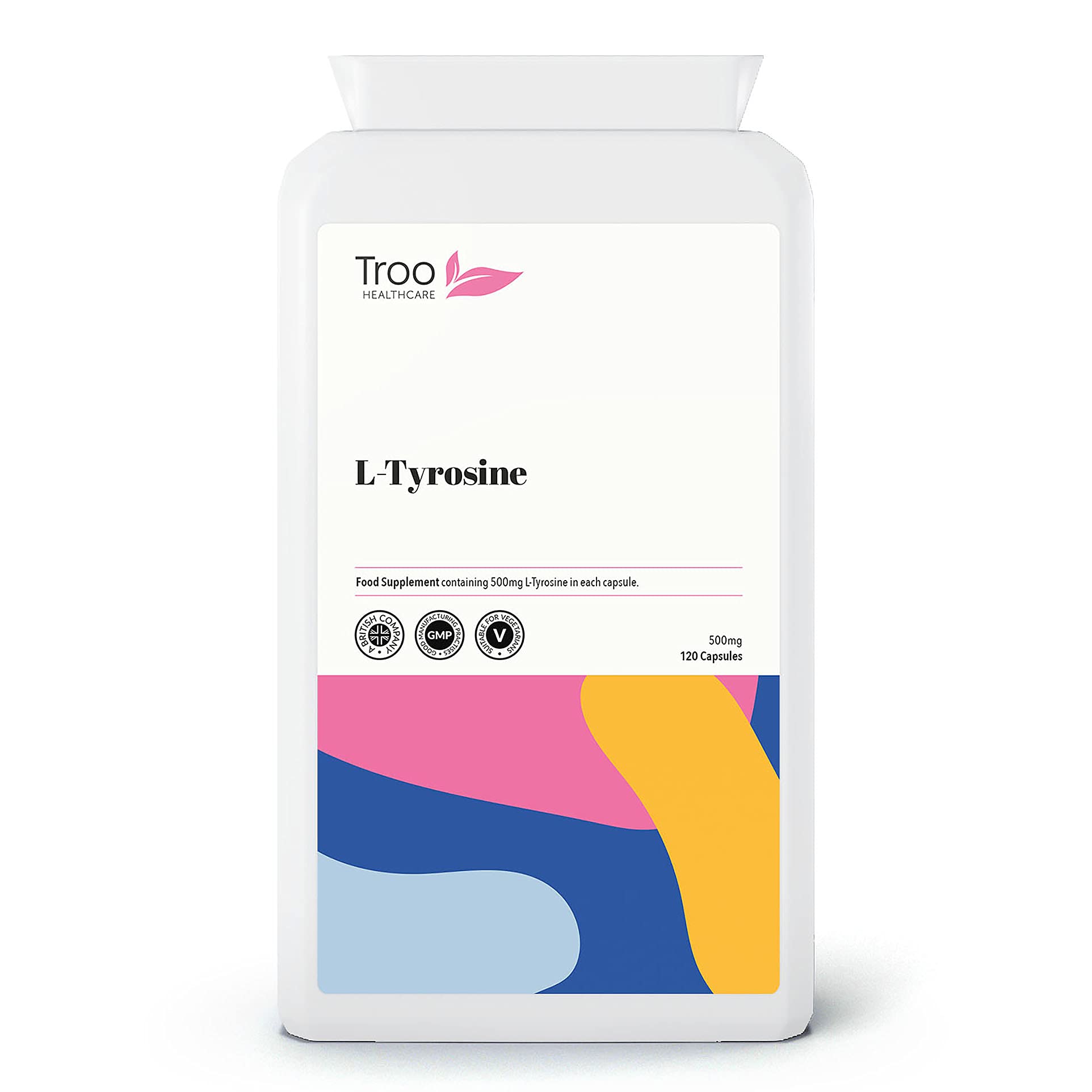 Troo Health Care L-Tyrosine Supplement 500mg 120 Capsules - Daily Free Form Amino Acid in Easy to Swallow Caps - Up to 4 Months Supply - UK Manufactured to GMP Standards