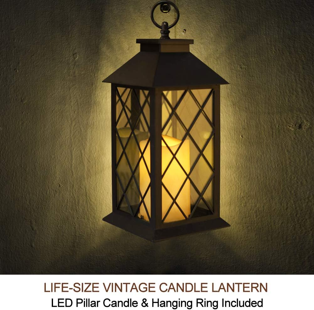 Bright Zeal 2-Pack 14" Vintage Candle Lantern With LED Flickering Flameless Candle (Black, 6hr Timer) - Battery Powered Candle Lantern Outdoor - Decorative Hanging Lantern For Patio - Tabletop Lantern: Home & Kitchen