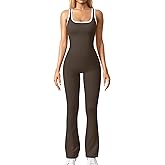 OQQ Women Jumpsuits Sleeveless Square Neck Stretch Contrast Workout Active Flared Bottoms Tank Jumpsuit