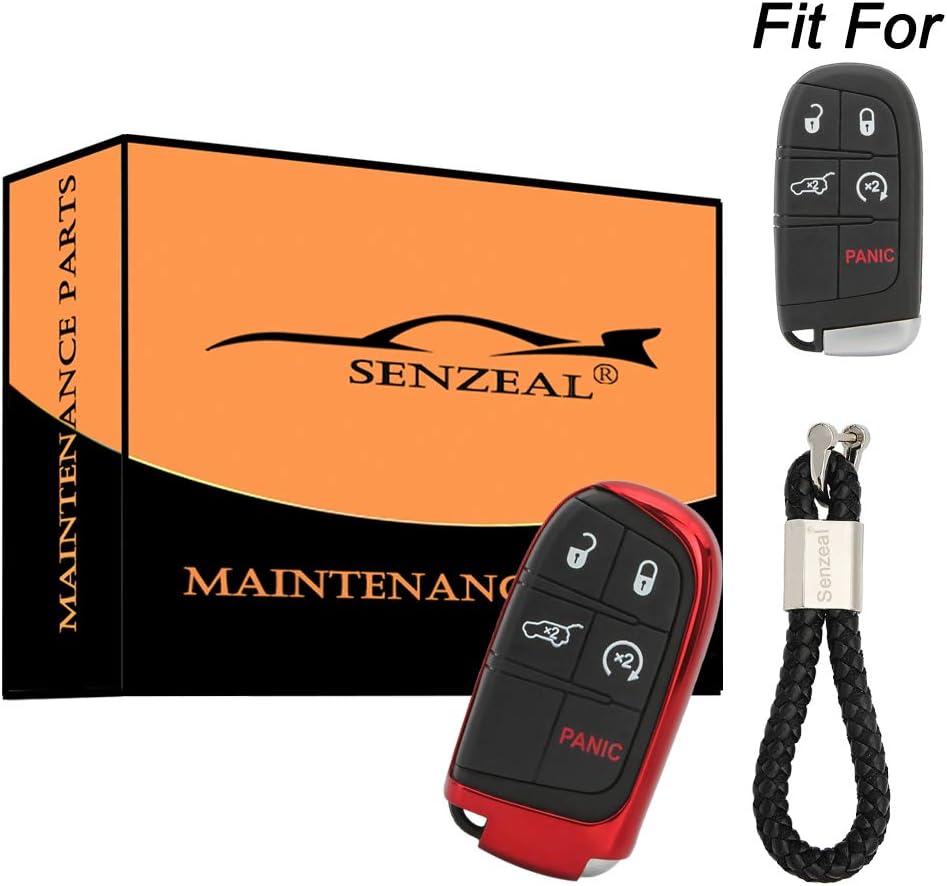 Senzeal TPU Smart Key Remote Keyless Cover Fob Shell Case for Dodge Charger Challenger Dart Durango Journey, Jeep Grand Cherokee Renegade, Chrysler 300 200 Red