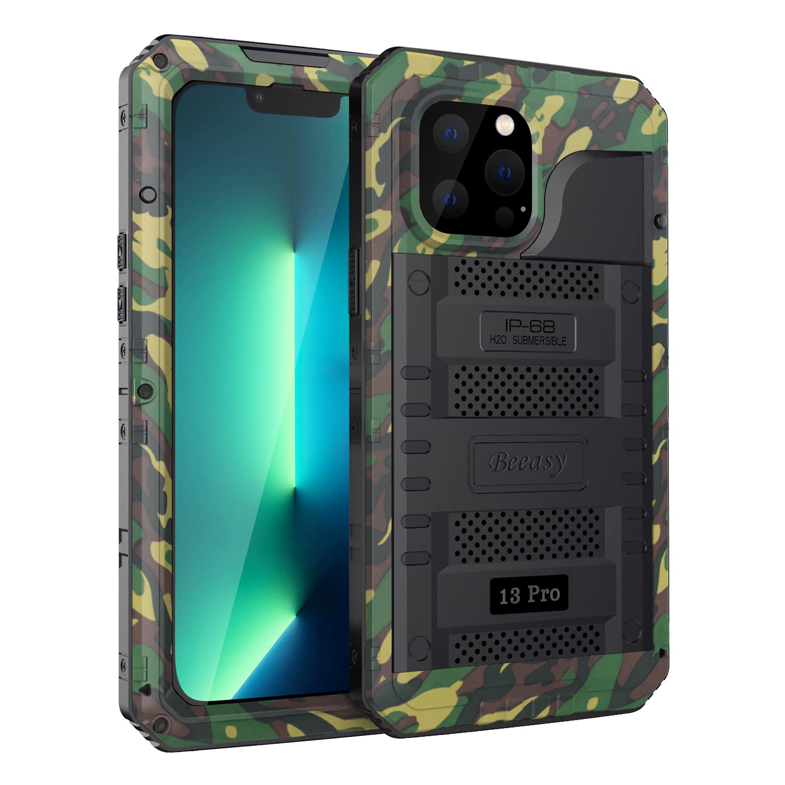 Beeasy for iPhone 13 Pro Case Waterproof Heavy Duty Shockproof Tough Metal Armour Cover Dustproof Built-in Screen Protector, 360 Full Body Military Protective Rugged Case for iPhone 13 Pro 6.1",Camo