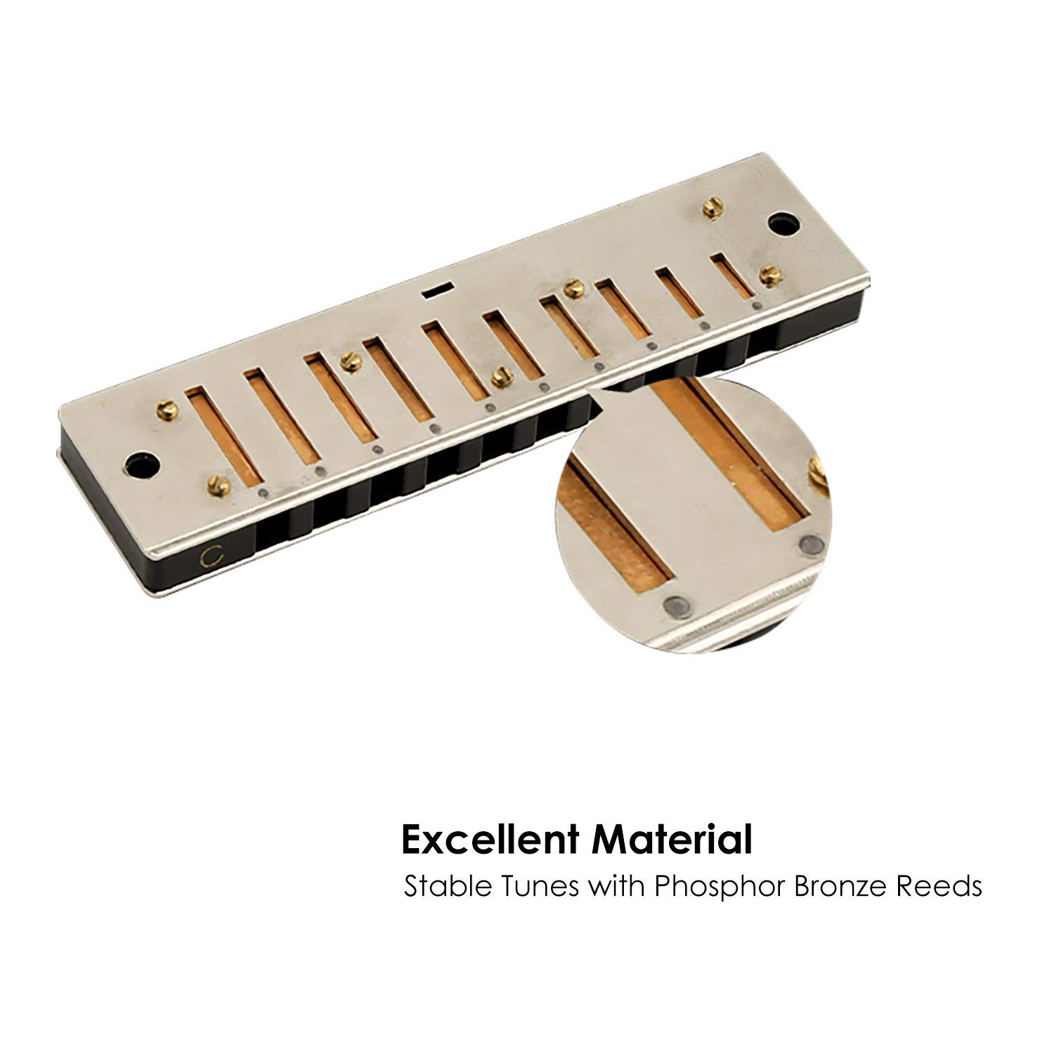 Mugig Armonica a bocca BLUES 10 fori, C Key Coperta d’acciaio inossidabile colore nero classico, consegna con custodia, adatto per i principianti