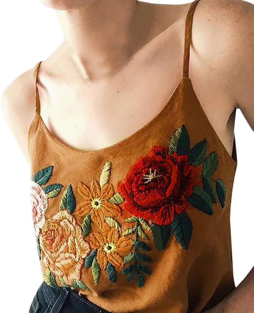 Toare tank top Taore Women Sexy Sleeveless Embroidery Floral Crop Vest Tank Blouse Camisole Top (XS, Brown)