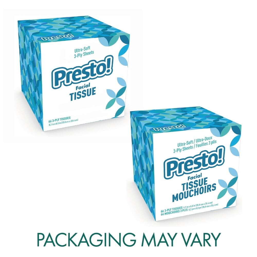 Amazon Brand - Presto! Ultra-Soft 3-Ply Premium Facial Tissues, 264 Count (4 Packs of 66), (Packaging May Vary)