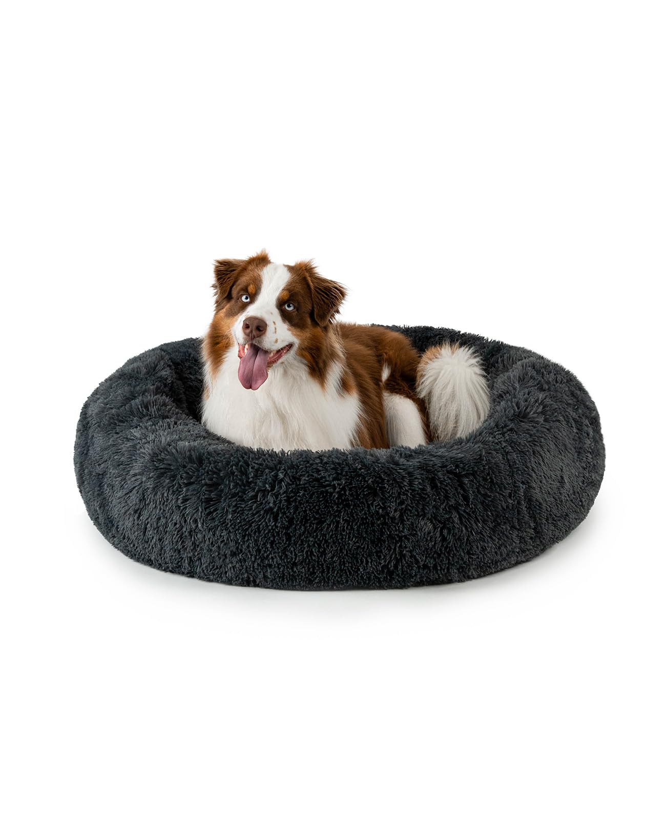 lionto Donut bed for dogs and cats, fluffy round dog bed for small and large pets, Ø 100 cm, soft cat bed made of cuddly plush, dog cushion with extra thick filling, dark grey