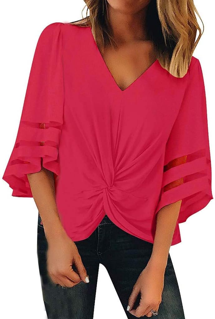 Mimfor Women Button V Neck Mesh Panel Blouse 3/4 Bell Sleeve Loose Top Shirt