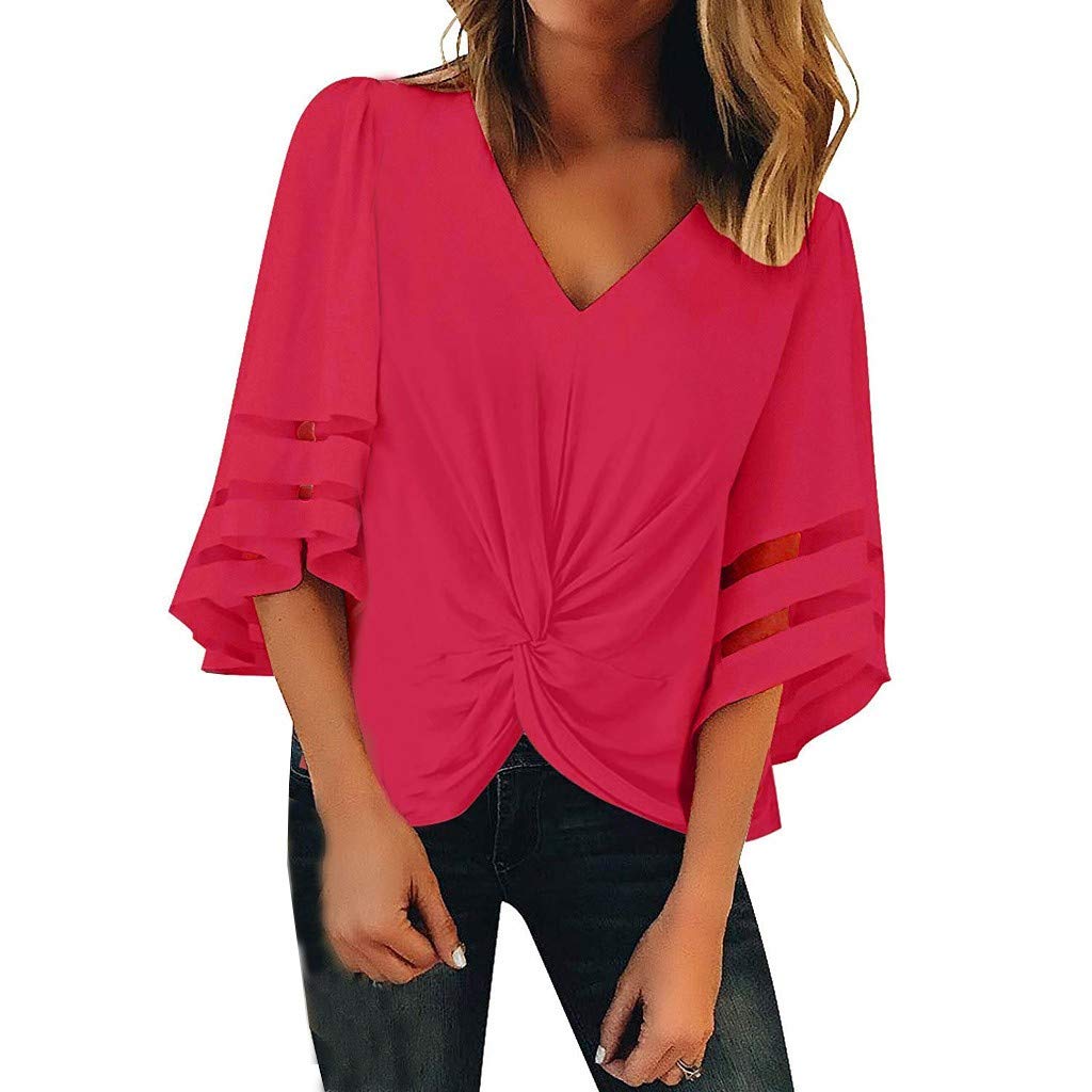Mimfor Women Button V Neck Mesh Panel Blouse 3/4 Bell Sleeve Loose Top Shirt