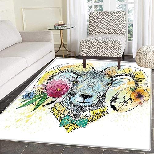 VORMOR Quirky Decor Floor Mat Pattern Ram Head with Horns and Blossoming Spring Flowers Bow Tie Dapper Fashion Art Living Dinning Room & Bedroom Rugs Multicolor
