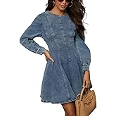 utcoco Women 2025 Fall Long Sleeve Denim Mini Dress Stretchy Slim Fit Ruffle Swing A Line Jean Dresses