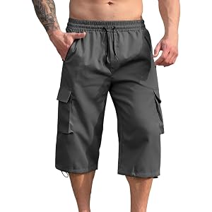 HYYGOCCTV Men's Knee Length Cargo Shorts Elastic Waist Casual Shorts with Adjustable Drawstring Hem & Side Pockets