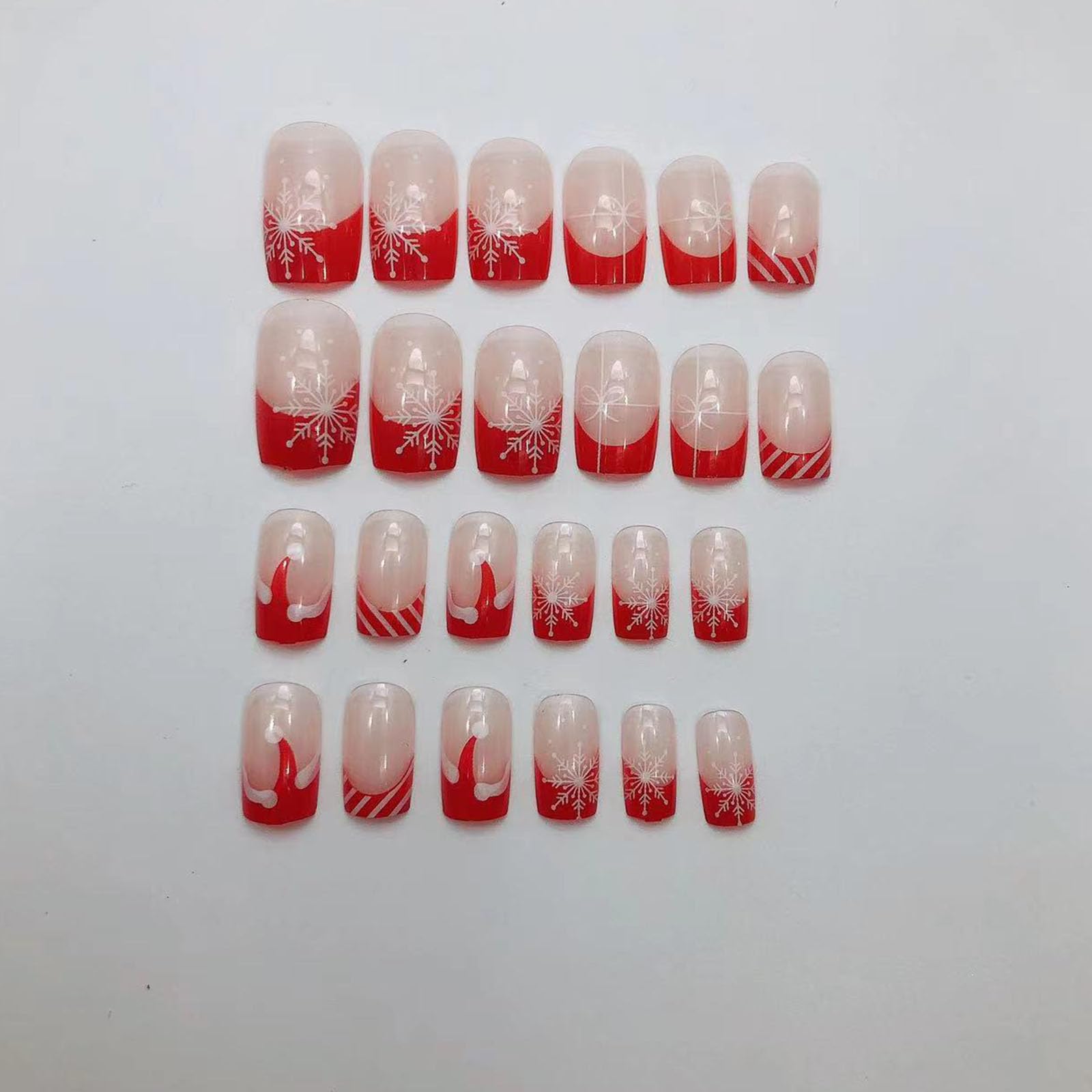 Christmas Press on Nails Medium Square Fake Nails Red French Tip Nails Press ons Glossy Glue on Nails Nude False Nails with Snowflake Christmas Hat Designs Artificial Stick on Nails for Women 24Pcs - Image 5