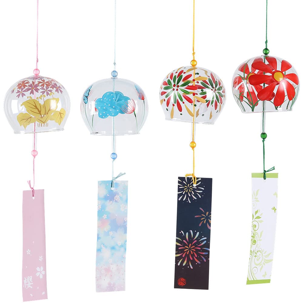 Falytemow Japanese Wind Chimes Romantic Flowers Small Wind Bells Handmade Glass Japanese Style Pendant for Birthday Present Home Decors (Yellow Flower, Chrysanthemum, Butterflies, Fireworks, 8 cm)