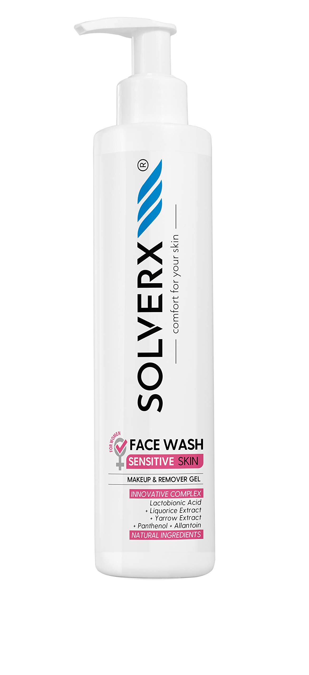 SOLVERX Face Wash Sensitive Skin - Face Wash & Makeup Remover with Pump - Innovative Complex Made with Natural Ingredients - 200 ml