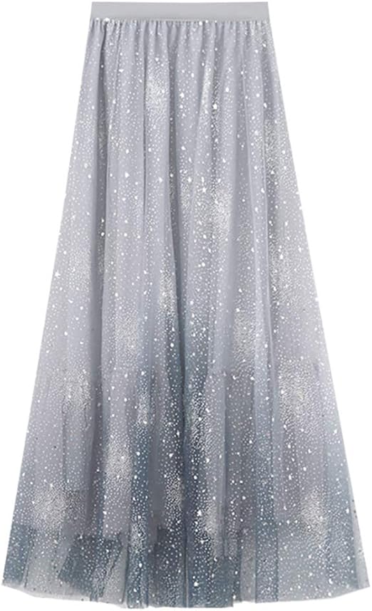 Amazon Co Jp Suaiartcole 星チュールロングスカート レディース グラデーション ボトムス ゴム Aライン チュールスカート 星柄 裏地あり ウエストゴム 体型カバー 大人 おしゃれ Kk847 グレー ファッション