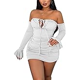 Women's Off Shoulder Bodycon Dress - Elegant Ruched Cocktail Party Mini Dress Long Sleeve Tight Formal Clubwear for Night Out