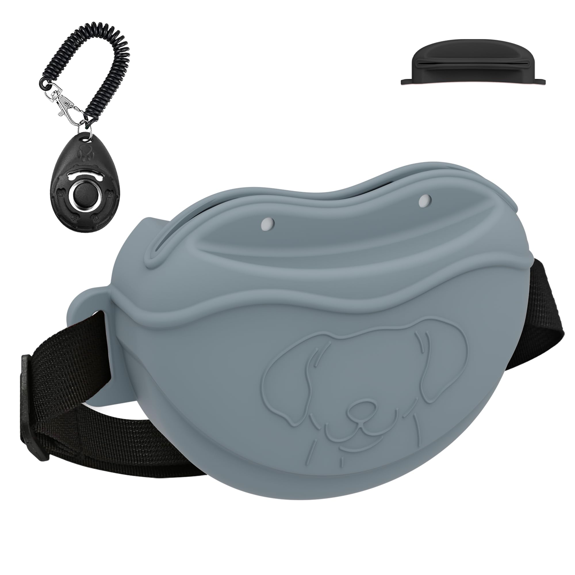 TUCANA Silicone Dog Treat Pouch for Pet Training – Upgraded 4 Strong Magnets Enhanced Magnetic Closure, Ease of Cleaning, Come with Adjustable Wasit Belt and Effective Dog Clicker (Grey)