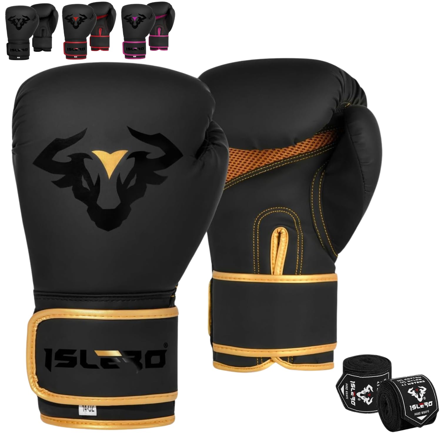 Islero EVO Fitness Matte Black Boxing Gloves Men Punch Bag Women Pink MMA Muay Thai Martial Arts Kick Boxing Sparring Training Fighting Gloves With Hand Wraps (14 OZ, Golden)
