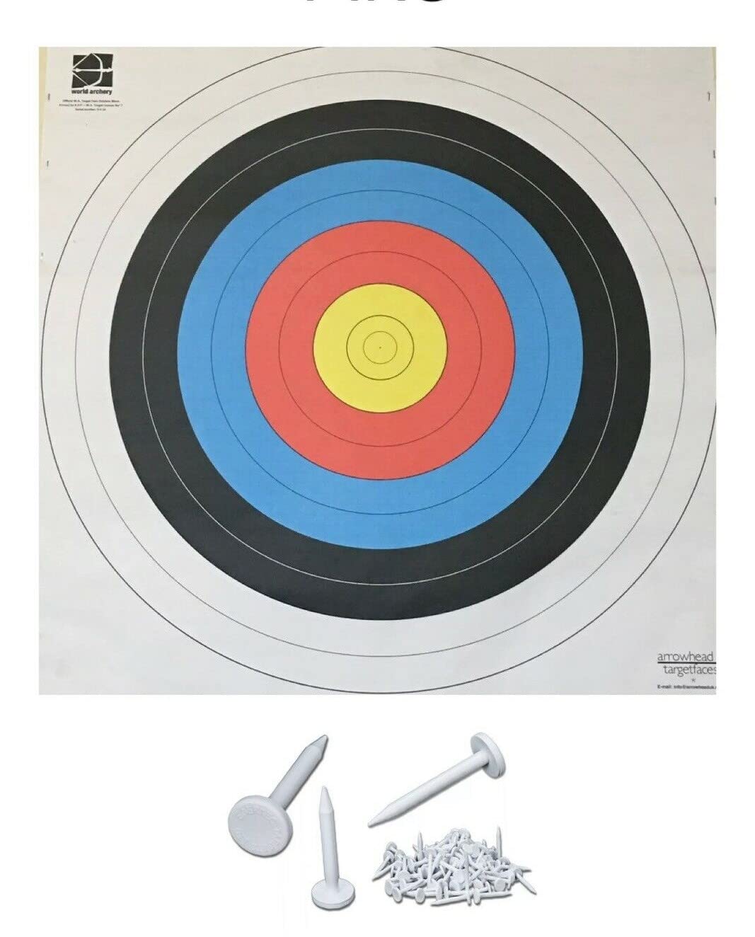 10 x Avalon target faces, 40cm, 60cm and 80cm. Choose you're size. FITA licenced re-inforced target faces. 10 free egertec target pins (60CM)