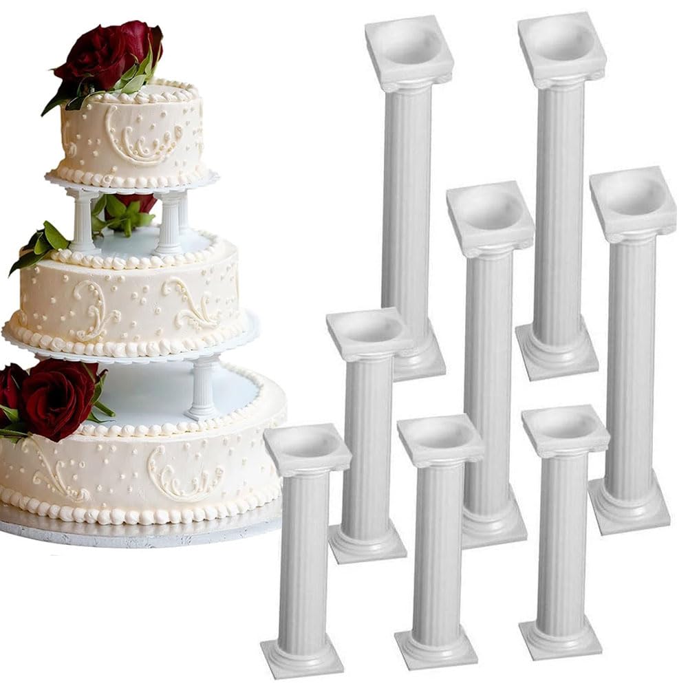 Voarge Set of 8 White Small and Large Plastic Cake Pillars Roman Column Plastic Cupcake Stand Cookies Tray Column Stand Wedding Birthday Decoration Tool