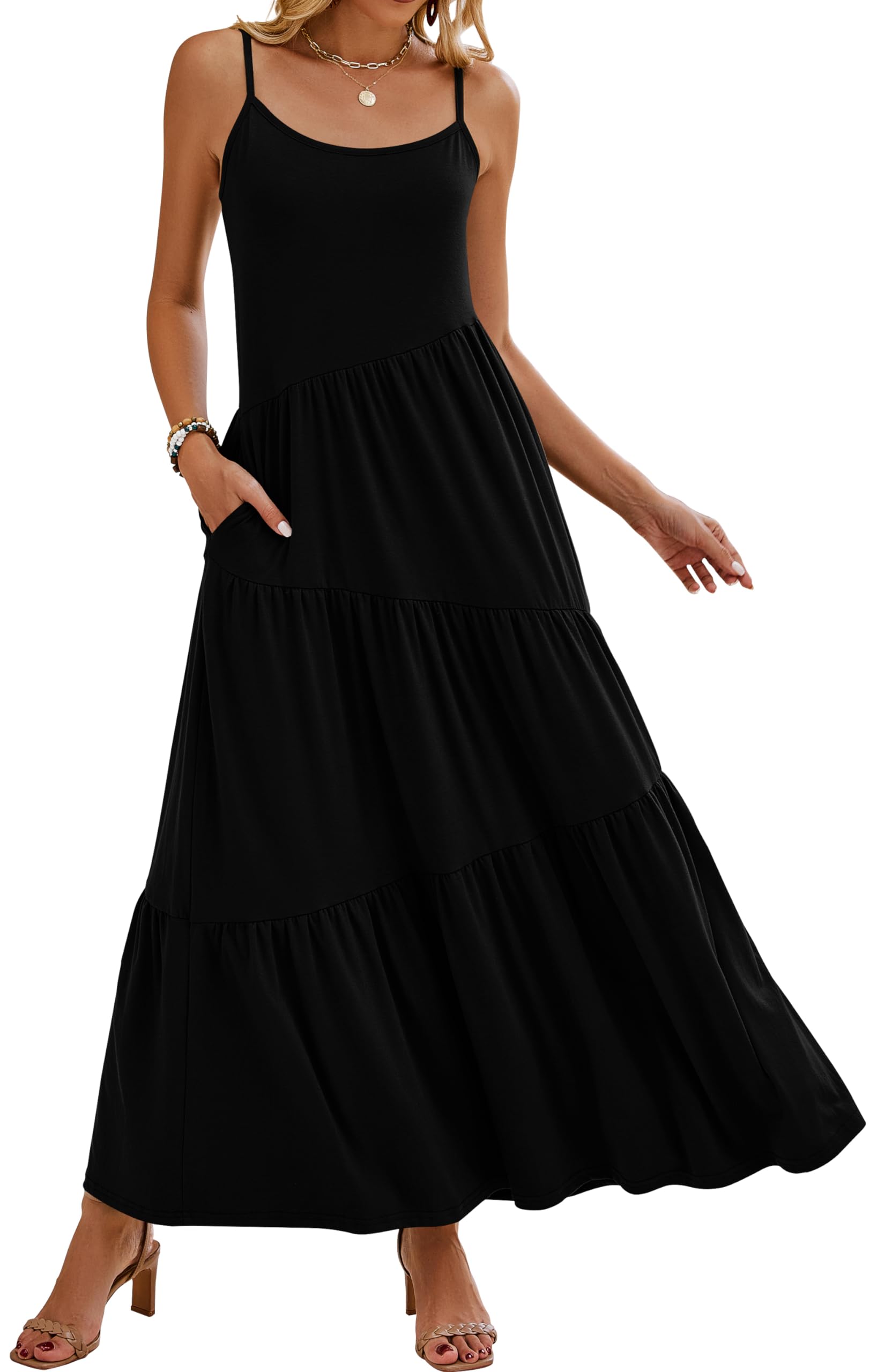 Photo 1 of (MEDIUM) (BAGGED) Naggoo Maxi Dress for Women Summer Beach Dress Asymmetrical Tiered Long Dresses Black Medium Black Medium