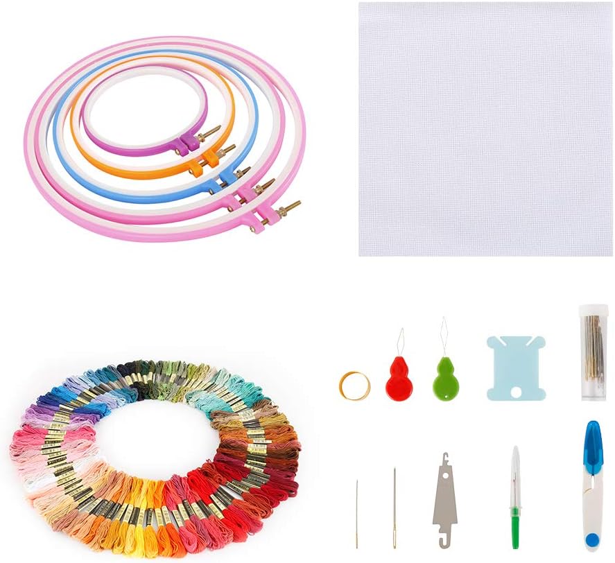 100 Colors Cross Stitch Tool Set,Cross Stitch Kit Include Embroidery Clothes,Embroidery Starter Kit, Plastic Embroidery Hoops, Color Threads and Tools for Kids, Adults Beginners (3)