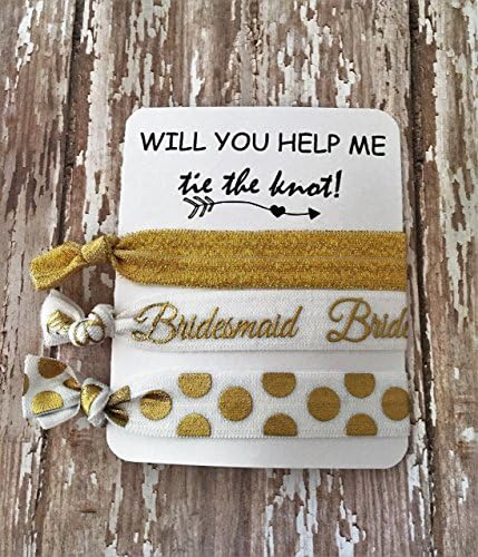 Gold and White Bridesmaid Proposal No Damage Hair Tie Elastics Set on Gift Giving Card