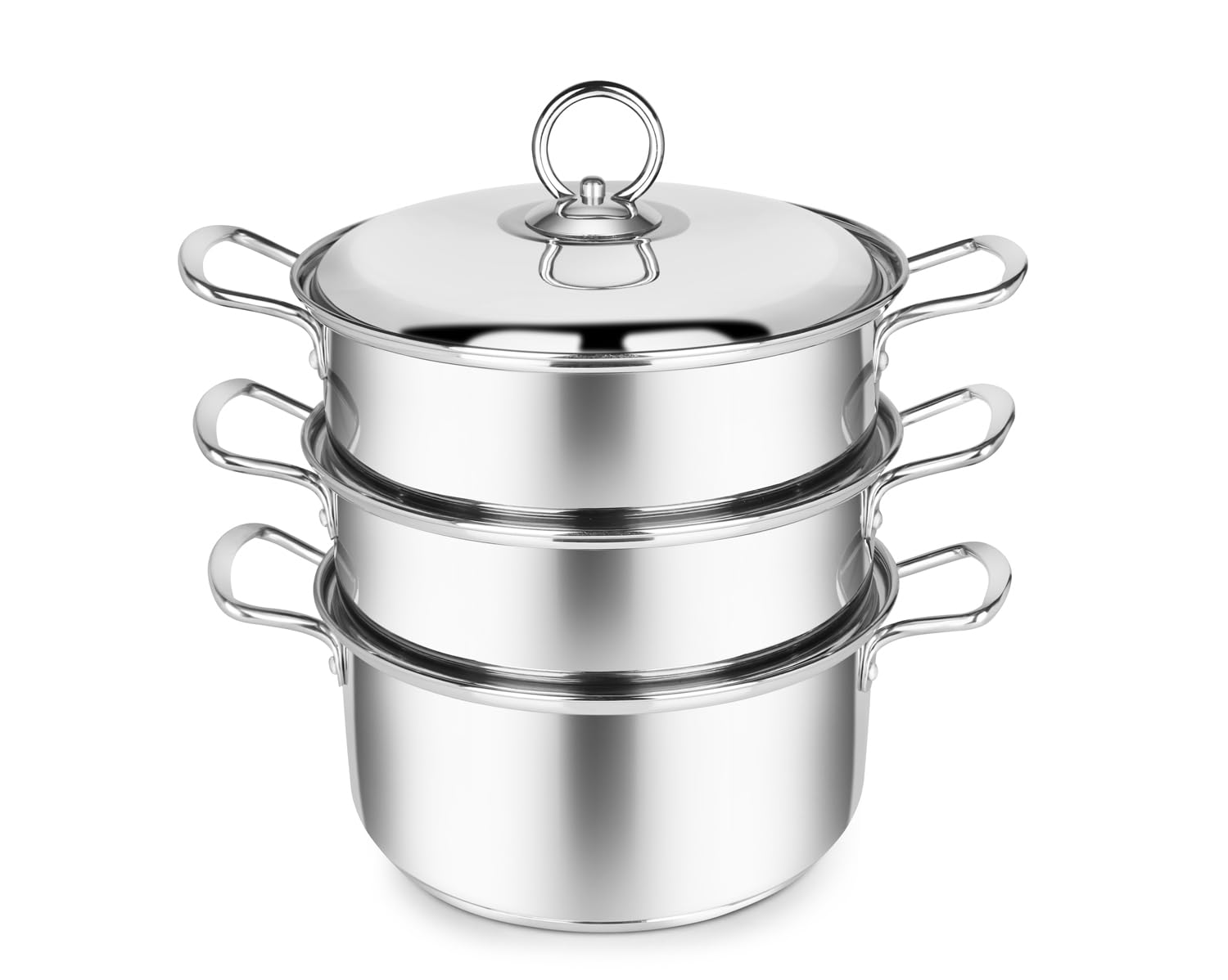Penguin Home 3 Tier Stainless Steel Food Steamer Pan Set, Induction Safe Stainless Steel Lid with Knob, Sturdy Steel Handles, Kitchen Pan Steamer Set for Cooking, (20 Cm) Silver