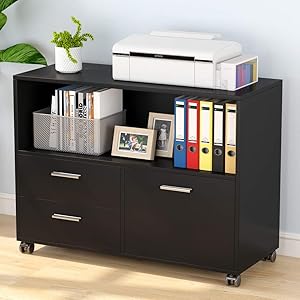 Tribesigns 3-Drawer File Cabinet with Storage Shelf, Large Mobile Lateral Filing Cabinets Printer Stand with Wheels for Home Office (Black)