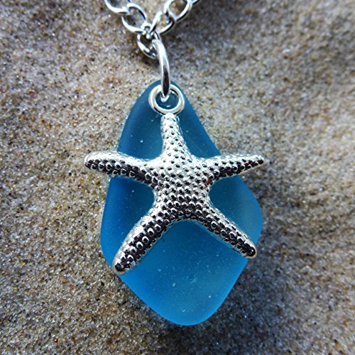 Blue cobalt sea glass ocean amulet talisman necklace for girls and women on a 24" silver color chain with nautical starfish delicate elegant young beach prime handmade seaglass jewelry mascot