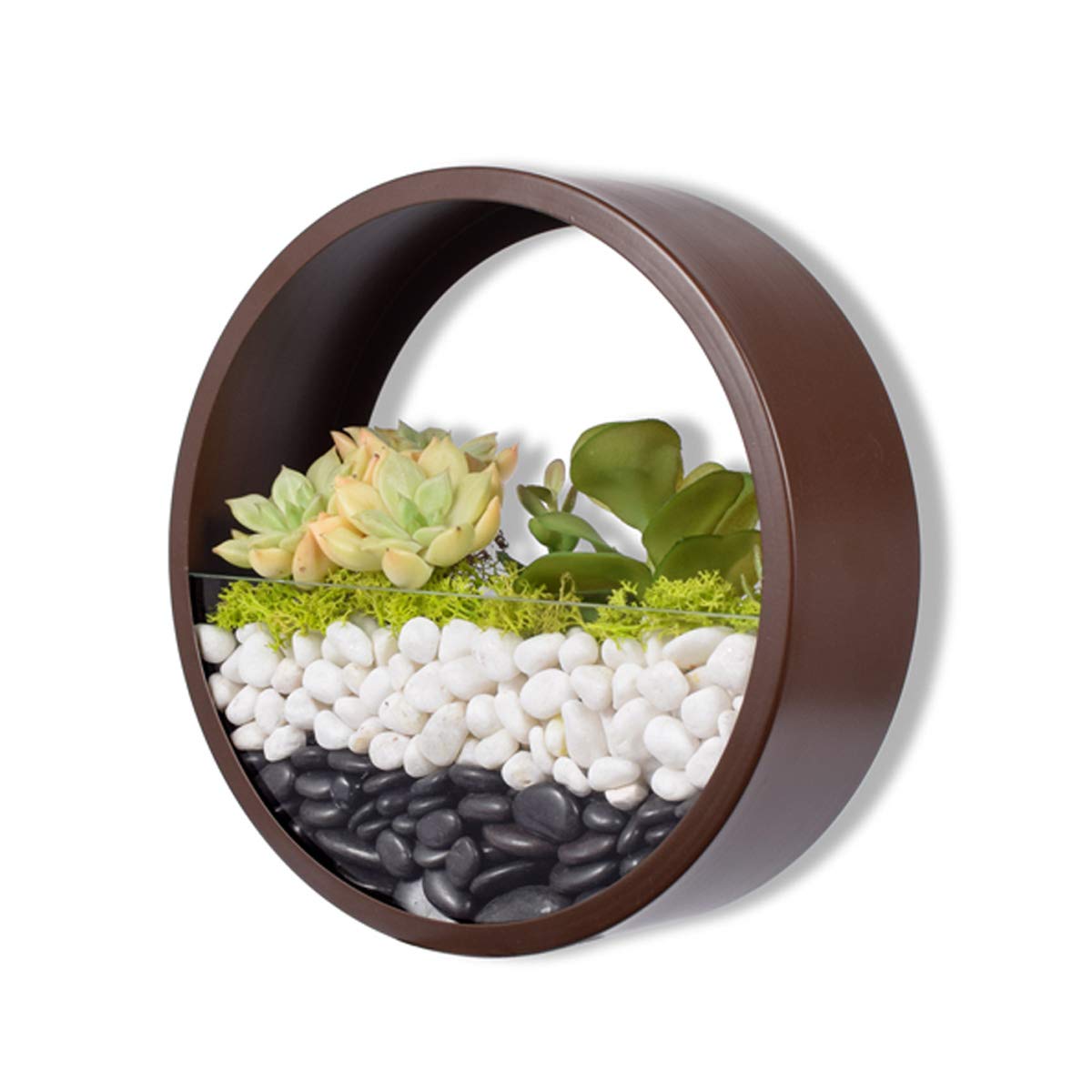 Metal Wall Hanging Planter,2 in 1 Portable Creative Flower Pots and Clear Terrarium,Balcony Stairs Plants Holders Iron Bucket Flowers Hanger Glass Vertical Container with Detachable Screw,M,Brown