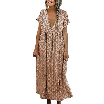 Bukinie Robe Longue Femme Ete Boheme Chic Robe Longue à Fleurs Pour Femmes Manches Courtes Tenue Décontractée Et Ample Robe De Plage Longue