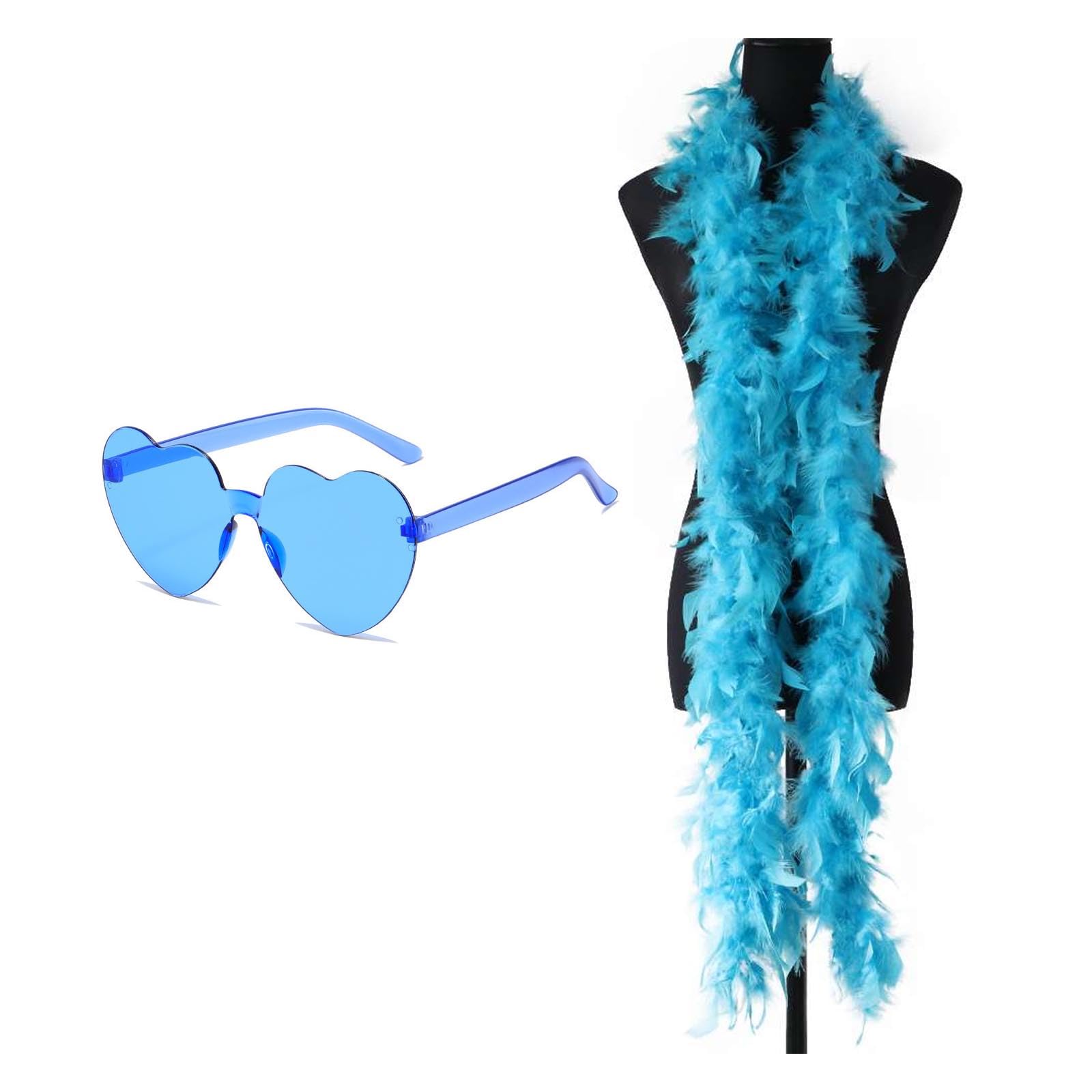 AWAVM 2-piece Feather Boas with Heart Rimless Sunglasses, 2m Feather Boa, Dancing Party Props, Dress Up, Weding, Party Accessories, Women (Blue)