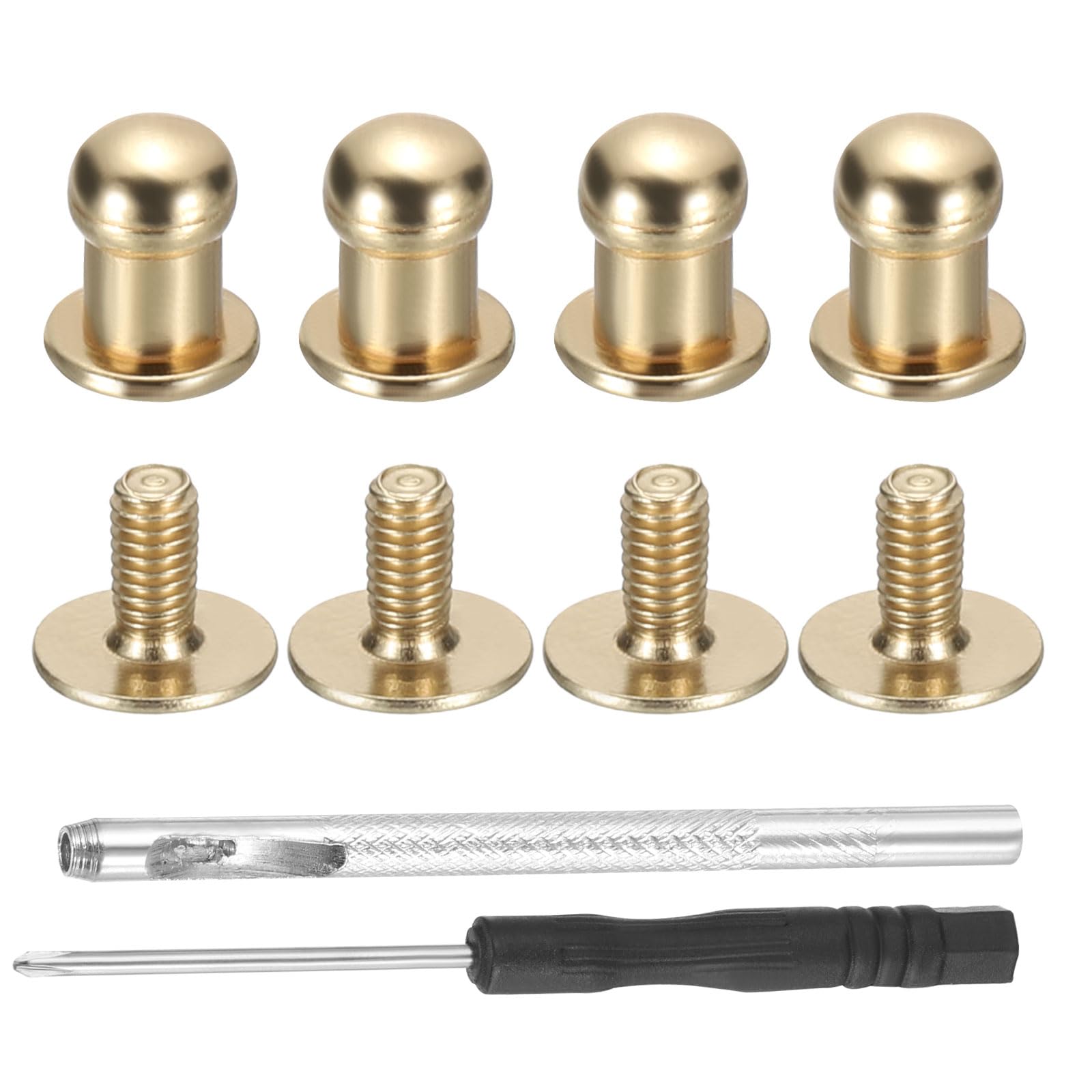 PATIKIL 7x5x6mm Spikes for Clothes, 30 Set Metal Button Spikes with Punch & Screwdriver Screw Kit Flat Head Rivets Screw DIY Leather Barrel Studs Hardware Trim Craft, Light Gold