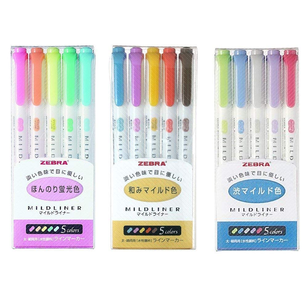 Zebra Mildliner Double-Sided Highlighter 15 Color Set, Fine / Bold, Mild & Fluorescent Color, Deep & Warm Color, Cool & Refined Color, with Ecology Sticky Notes
