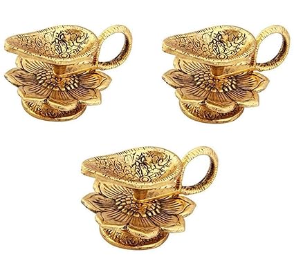 AVICA Combo Offer Oxidized Metal Golden Chirag Diya for Pooja or Puja Deepak Article (Pack of 3)