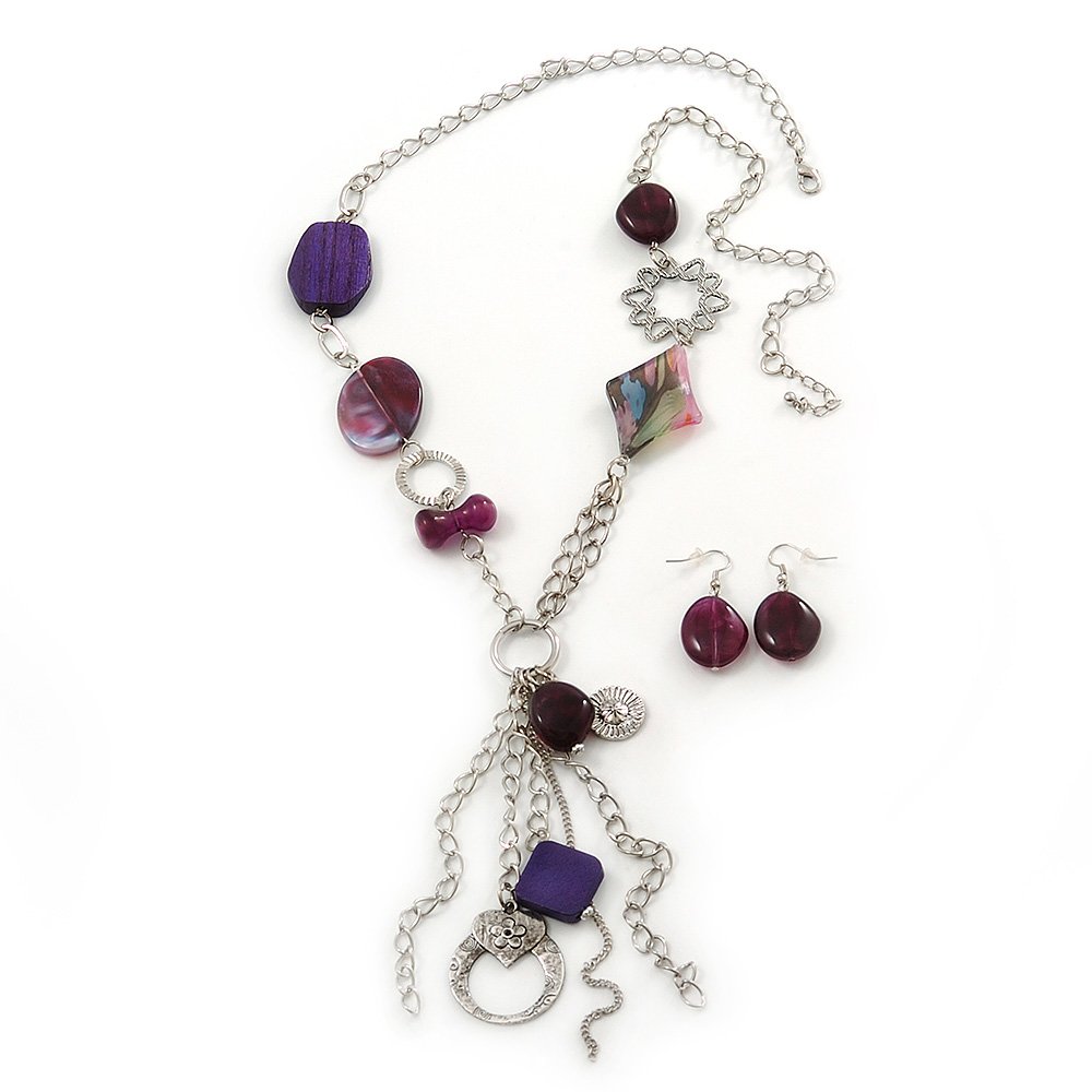 Avalaya Long Purple Resin and Wood Nugget Tassel Necklace and Earring Set In Silver Tone - 76cm Length (4cm extension)