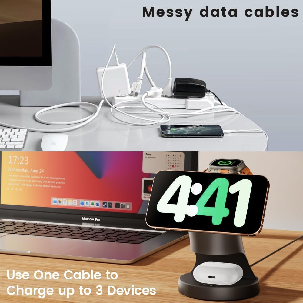Ladestation Apple Watch und iPhone, 3 in 1 Induktive Ladestation mit Magsafe Ladegerät Wireless Charger Kompatibel mit iPhone 17 16 15 14 13 12 Air/Pro Max,für Apple Watch und AirPods (Schwarz) 2