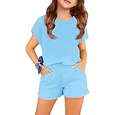 Haloumoning Girls Summer Outfits Casual Lounge Set Cap Sleeve T Shirt and Elastic Waist Shorts 2 Piece Clothing Sets