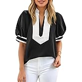 Cicy Bell Womens Color Block Puff Sleeve Blouses Summer Casual Dressy V Neck Tops Loose Fit Tee Shirts