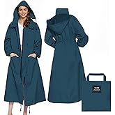 LAMA Womens Long Raincoats Rain Jacket Waterproof Packable Hooded Windbreaker Lightweight Adjustable Waist for Outdoor