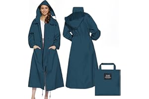 Womens Long Raincoats Rain Jacket Waterproof Packable Outdoor Hooded Windbreaker Lightweight Adjustable Waist for Outdoors