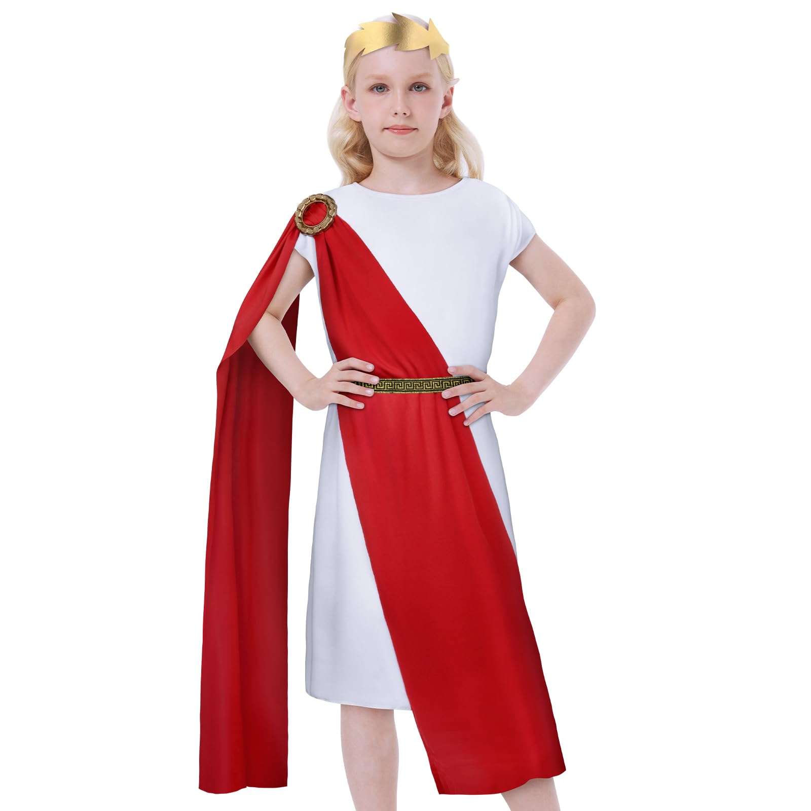 AOOWU Girls Roman Greek Goddess, Child Roman Toga Costume with Headpiece Shawl and Belt, Girl Book Week Fancy Dress Costume, Kids Red & White Glamorous Dress for Cosplay Masquerade Halloween