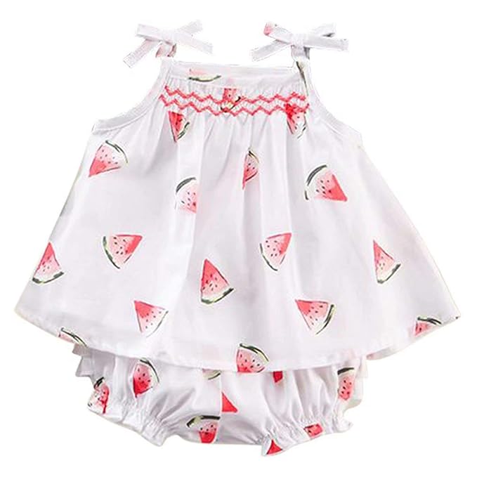 Baby Girls Watermelon Outfit with Bowknot Ruffle Toddler Halter Sleeveless Skirt Tops and Shorts Pant Set Size 6-12 months/Tag80 (White)